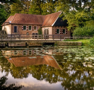 Ein idyllisches Haus mit rotem Ziegeldach am Wasser, umgeben von Bäumen und einer Holzbrücke in der Natur.