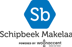 Logo van Schipbeek Makelaars met een blauw Sb-symbool, powered by Woonaccent, mensen voor huizen.