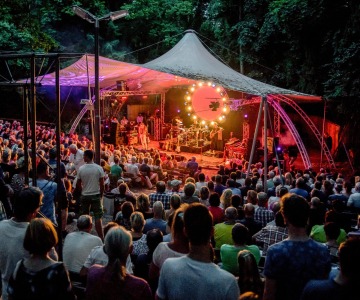 Publiek zit buiten in een amfitheater om te genieten van een live concert onder een verlichte tent.