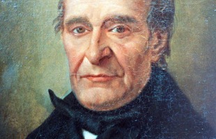 Schilderij van een oudere man met kalend hoofd, gekleed in donkere jas en witte kraag, serieuze blik.