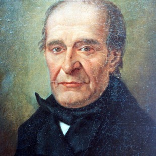 Schilderij van een oudere man met kalend hoofd, gekleed in donkere jas en witte kraag, serieuze blik.