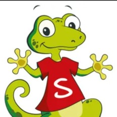 Cartoon van een groene hagedis met een rode T-shirt met een witte S en blauwe schoenen op een witte achtergrond.