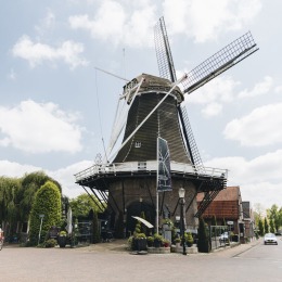 Traditionele Nederlandse windmolen in een schilderachtig dorp met mensen op fietsen en blauwe lucht.