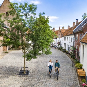 Twee mensen fietsen door een pittoreske, geplaveide straat met historische huizen en een grote boom.