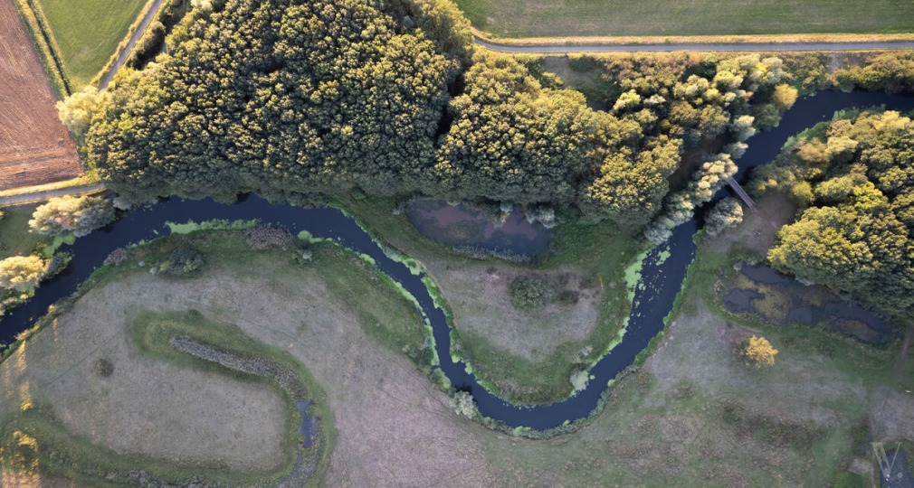 Luchtfoto van een kronkelende rivier omgeven door groen grasland en dichtbeboste bomen in de natuur.