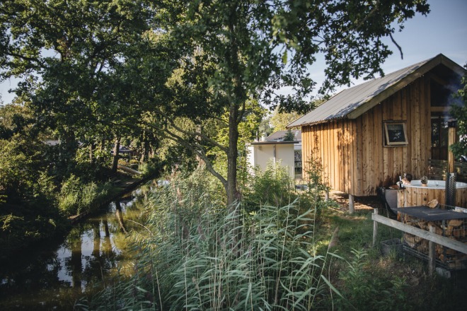Houten huisje aan het water, omgeven door bomen en riet, in een rustige groene omgeving in de natuur.