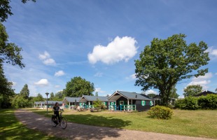 Vakantiehuizen in een groene omgeving met fietser op pad, blauwe lucht en zomerse sfeer in Nederland.