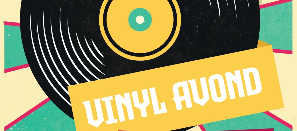 Afbeelding van een vinylplaat met de tekst 'Vinyl Avond' in het Nederlands op een kleurrijke achtergrond.