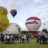 Luchtballonnen, waaronder een grote gele kip, stijgen op bij een festival met toeschouwers op grasveld.