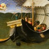 Schilderij van een middeleeuws schip op zee met bemanning, zeemeermin en een engel in de sterrenhemel.