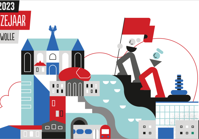 Illustratie met abstracte gebouwen, een rode vlag, tekst 'Hanzejaar 2023 Zwolle' in moderne stijl.