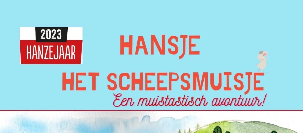 Illustratie van Hansje het scheepsmuisje met een vat, vis en gekleurde huisjes; poster voor een avontuur in Elburg.