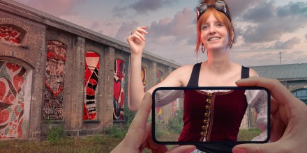 Vrouw in middeleeuwse kleding poseert buiten bij een oud gebouw met kleurrijke ramen en wordt gefotografeerd.