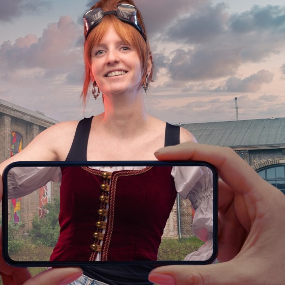 Frau in mittelalterlichem Kostüm posiert vor einem alten Gebäude mit bunten Fenstern, gehalten von Smartphone.