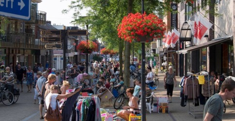 Drukke Nederlandse winkelstraat met mensen die buiten winkelen, bomen, fietsen en kleurrijke bloemen.