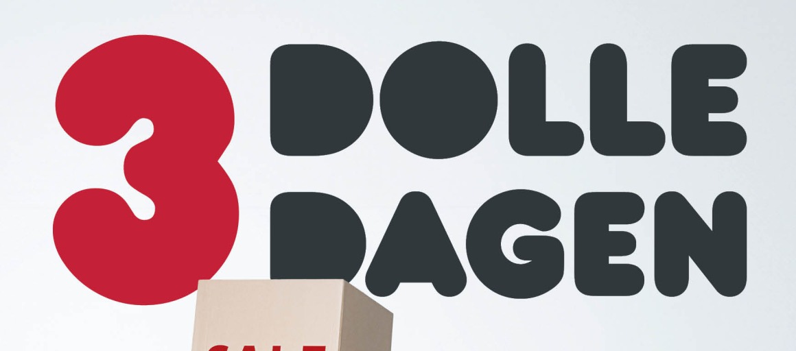 Poster van 3 Dolle Dagen winkelactie met stapels sale-dozen, 8-10 februari in Nijverdal, Nederland.