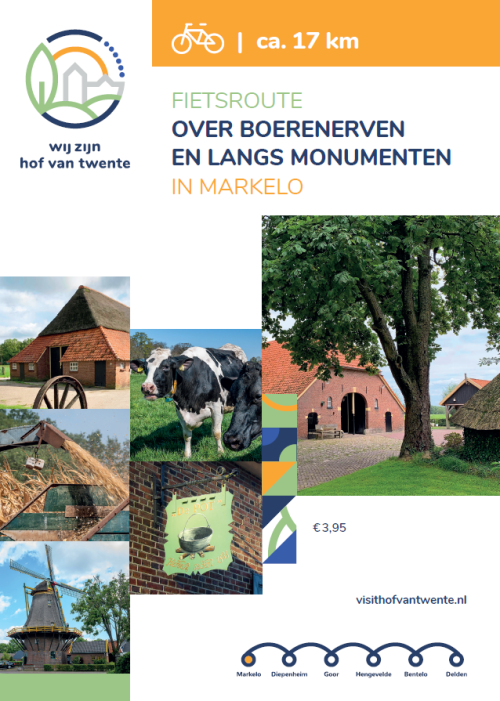 Promotieposter voor een 17 km lange fietsroute langs boerderijen en monumenten in Markelo, Twente.