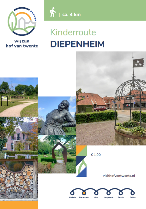 Folder met kinderroute Diepenheim in Hof van Twente, met foto's van beelden, natuur en gebouwen.