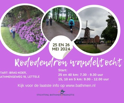 Affiche van de Rododendron wandeltocht op 25 en 26 mei 2024 in Lettele, met startlocatie en tijden.