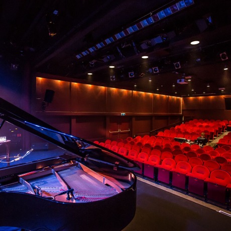 Lege concertzaal met rode stoelen, vleugelpiano op het podium en sfeervolle verlichting.