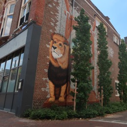 Muurschildering van een leeuw op een bakstenen gevel in een rustige Nederlandse straat met bomen.