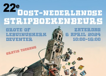 Poster voor de 22e Oost-Nederlandse Stripboekenbeurs op 6 april 2024 in Deventer met cowboy en strips.
