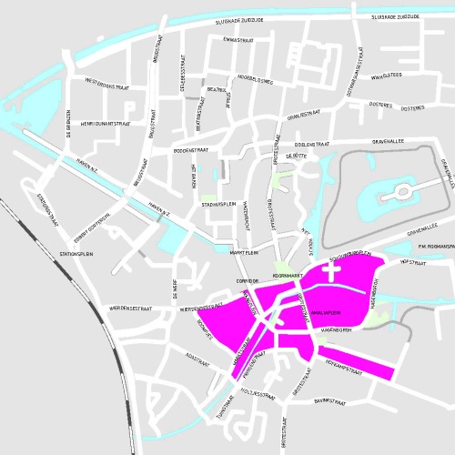 Kaart van een stadscentrum met uitgelichte paarse gebieden en straten, inclusief grachten en parken.