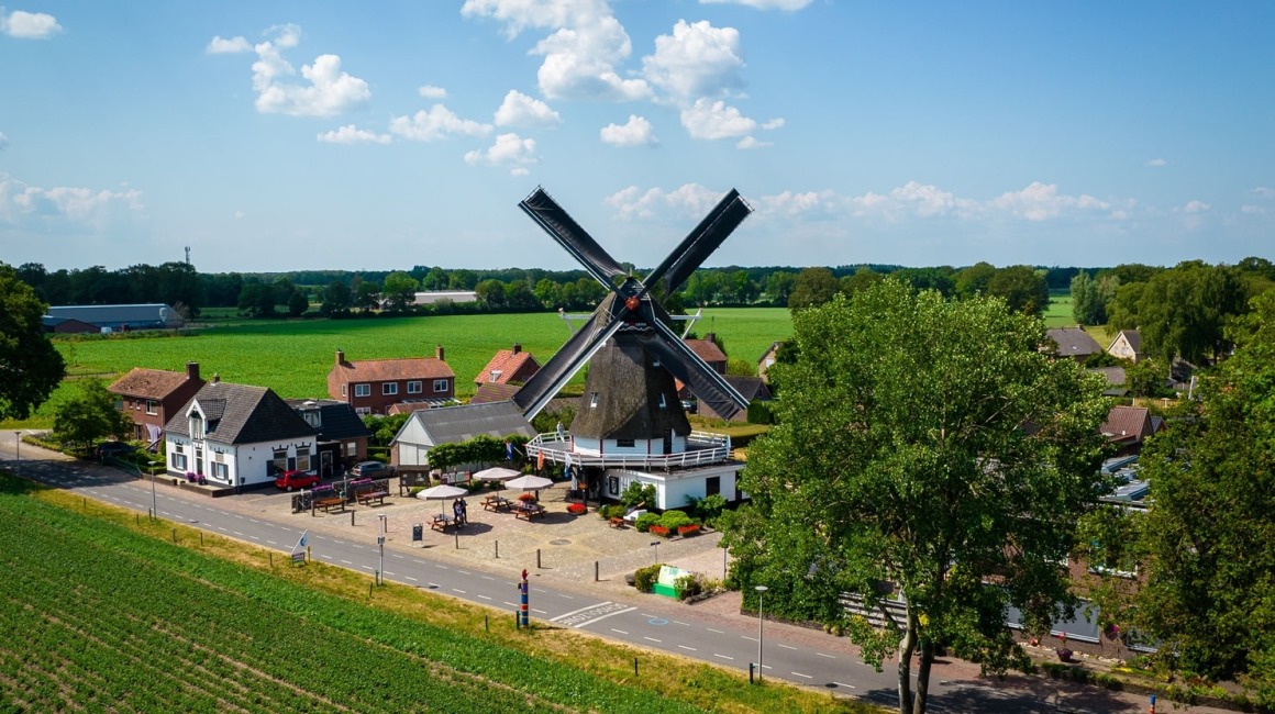 Traditionele Nederlandse windmolen omringd door groene velden en huizen in een landelijk landschap.