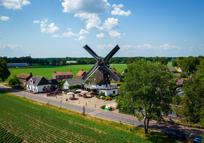 Traditionele Nederlandse windmolen omringd door groene velden en huizen in een landelijk landschap.