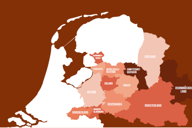 Kaart van Nederland en Duitsland met regio's als Veluwe, Twente, Münsterland en Achterhoek gemarkeerd.