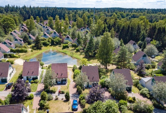 Luchtfoto van een vakantiepark in een bosrijk gebied met huisjes, vijver en veel groene bomen.