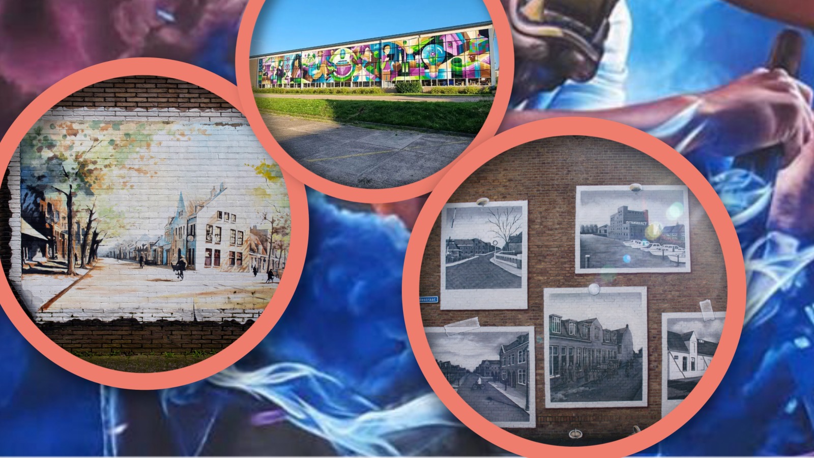 Collage van straatkunst: kleurrijk portret, graffiti-letters, muurschilderingen en stadsgezichten.