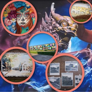 Collage van straatkunst: kleurrijk portret, graffiti-letters, muurschilderingen en stadsgezichten.