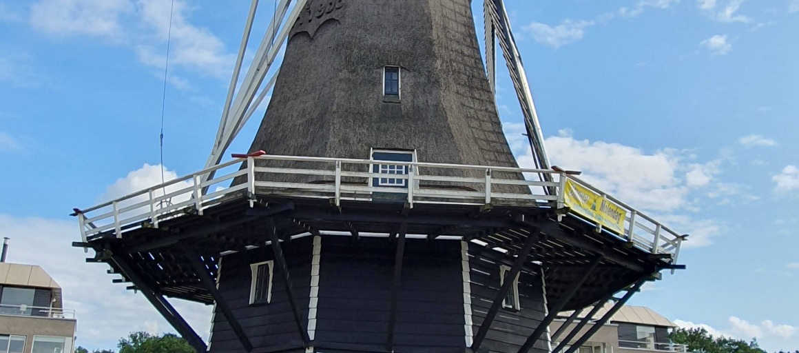Historische Nederlandse windmolen met kunsttentoonstelling, blauwe lucht en omliggende moderne gebouwen.