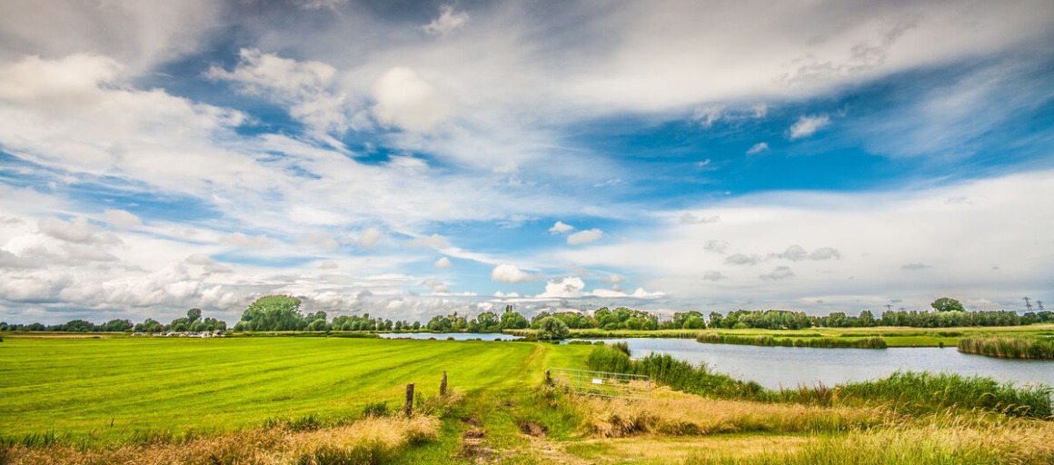 Een weids Nederlands polderlandschap met groene velden, water en dramatische wolkenlucht in de zomer.