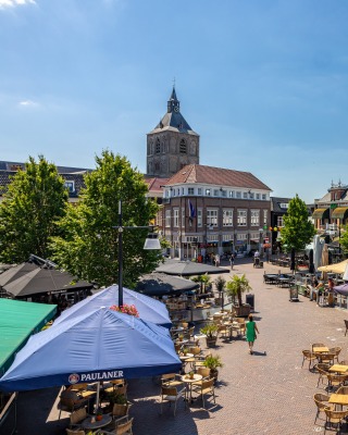 Sonniger Stadtplatz mit Straßencafés, grünen Bäumen und Kirchturm im Hintergrund in einer niederländischen Stadt.