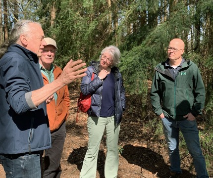 Groep volwassenen luistert aandachtig naar een gids tijdens een boswandeling op een zonnige dag.