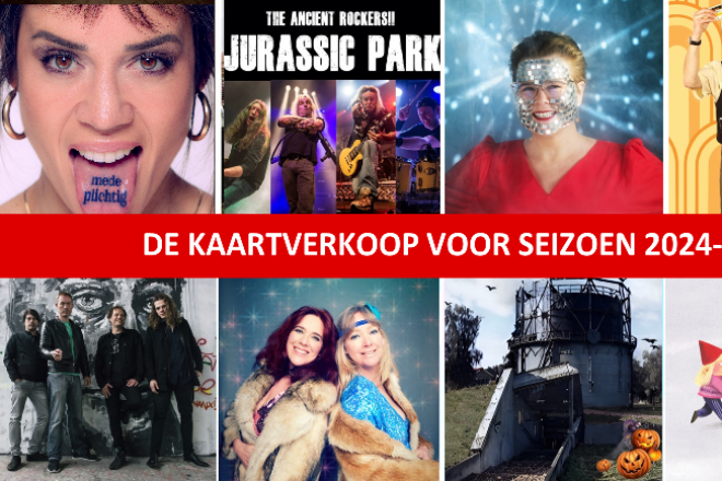 Collage van artiesten en shows met opvallende kleuren, tekst over kaartverkoop seizoen 2024-2025 gestart.