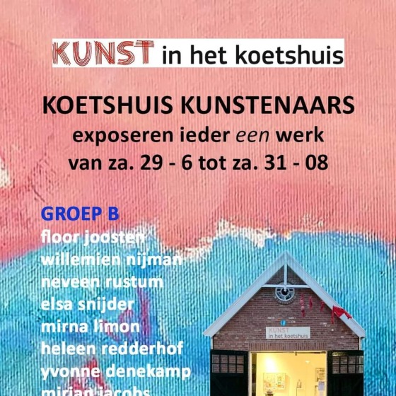 Affiche voor 'Kunst in het koetshuis' expositie met namen van kunstenaars en contactgegevens.