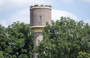 Historische watertoren omgeven door groene bomen en struiken, gefotografeerd op een zonnige dag.
