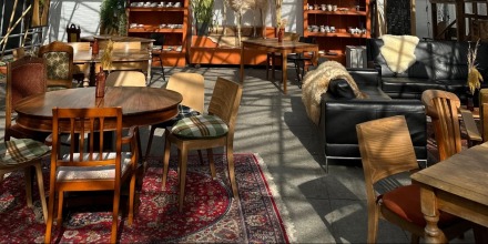 Gezellige serre met vintage houten tafels en stoelen, planten, tapijt en veel daglicht door glazen dak.