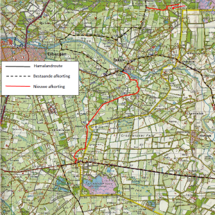 Kaart met fietsroutes rond Eibergen, Rekken, Vreden met Hamalandroute, bestaande en nieuwe afkorting.
