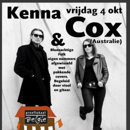 Affiche voor optreden van Kenna & Cox op vrijdag 4 oktober in Proeflokaal België, aanvang 21:30 uur.