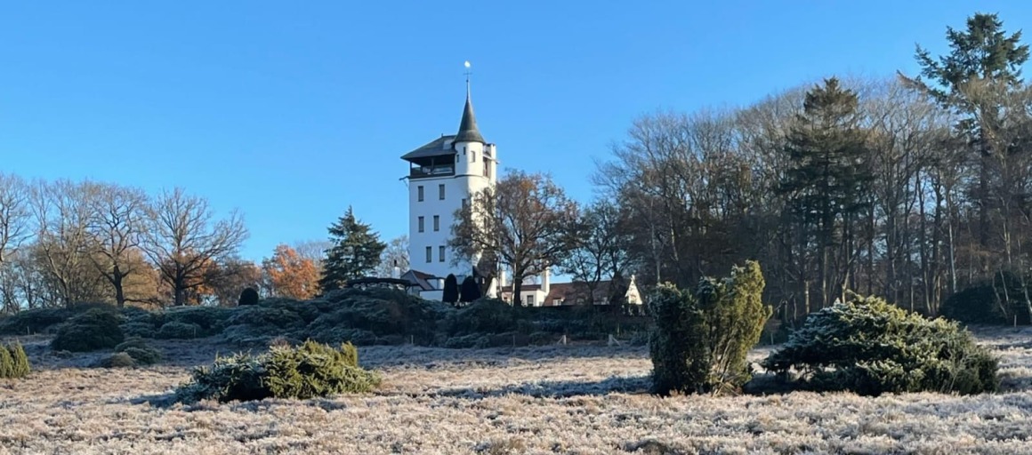 Een witte toren staat tussen bomen op de achtergrond, met een vorstig grasveld op een heldere winterdag.