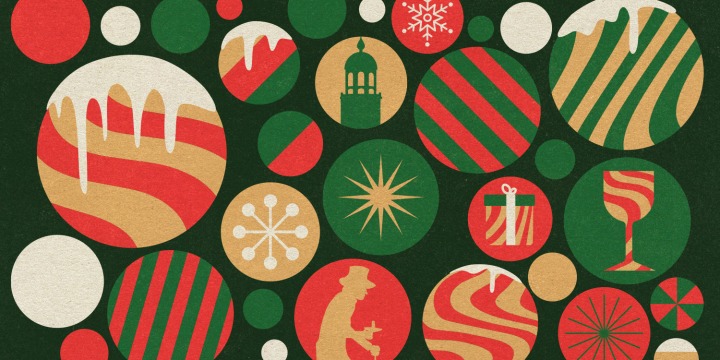 Feestelijke kerstafbeelding met diverse cirkels, kerstkleuren rood, groen en goud, en winterpatronen.