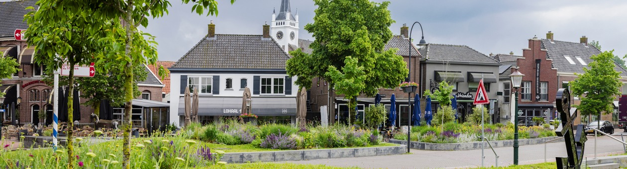 Groen stadsplein met bloemen, bomen en kunstwerken, omringd door huizen en een kerk op de achtergrond.