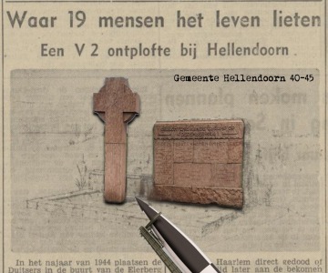 Krantenartikel over V2-raketexplosie bij Hellendoorn met herdenkingskruis, plaquette en raket.