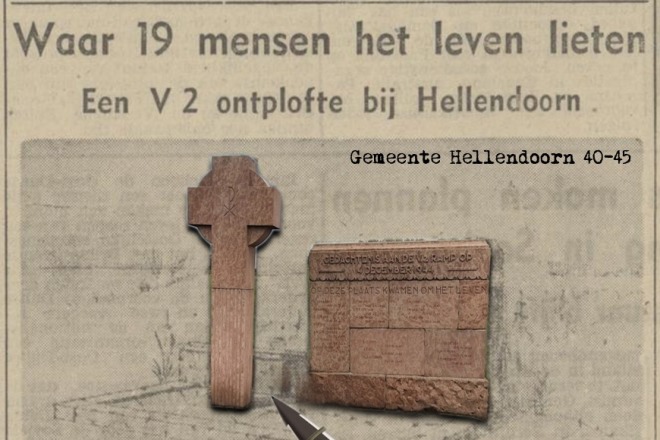 Krantenartikel over V2-raketexplosie bij Hellendoorn met herdenkingskruis, plaquette en raket.