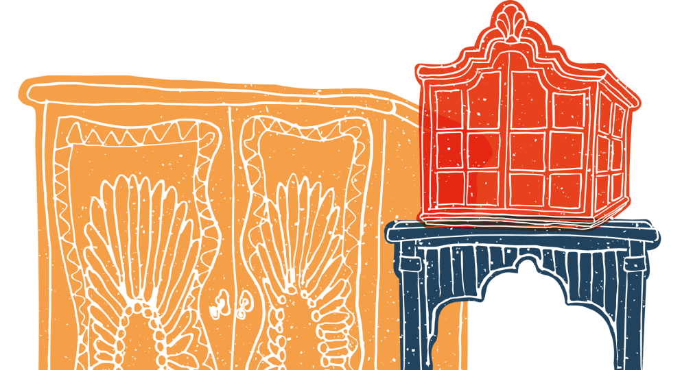 Illustratie van vintage meubels, waaronder een oranje kast, blauwe kast en rode vitrinekast, gestapeld.