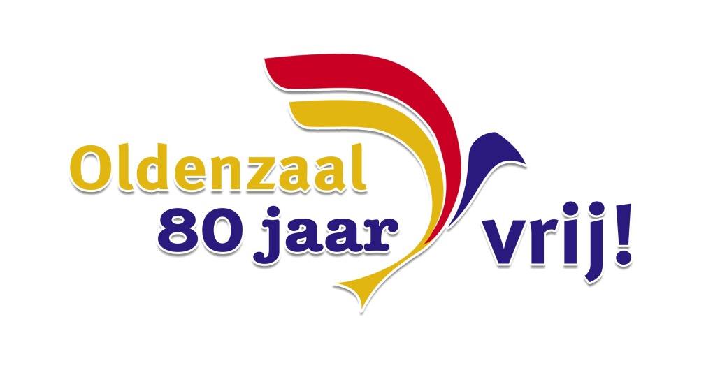 Logo voor Oldenzaal 80 jaar vrij! in geel, rood, en blauw, met een gestileerde vogel en feestelijke tekst.